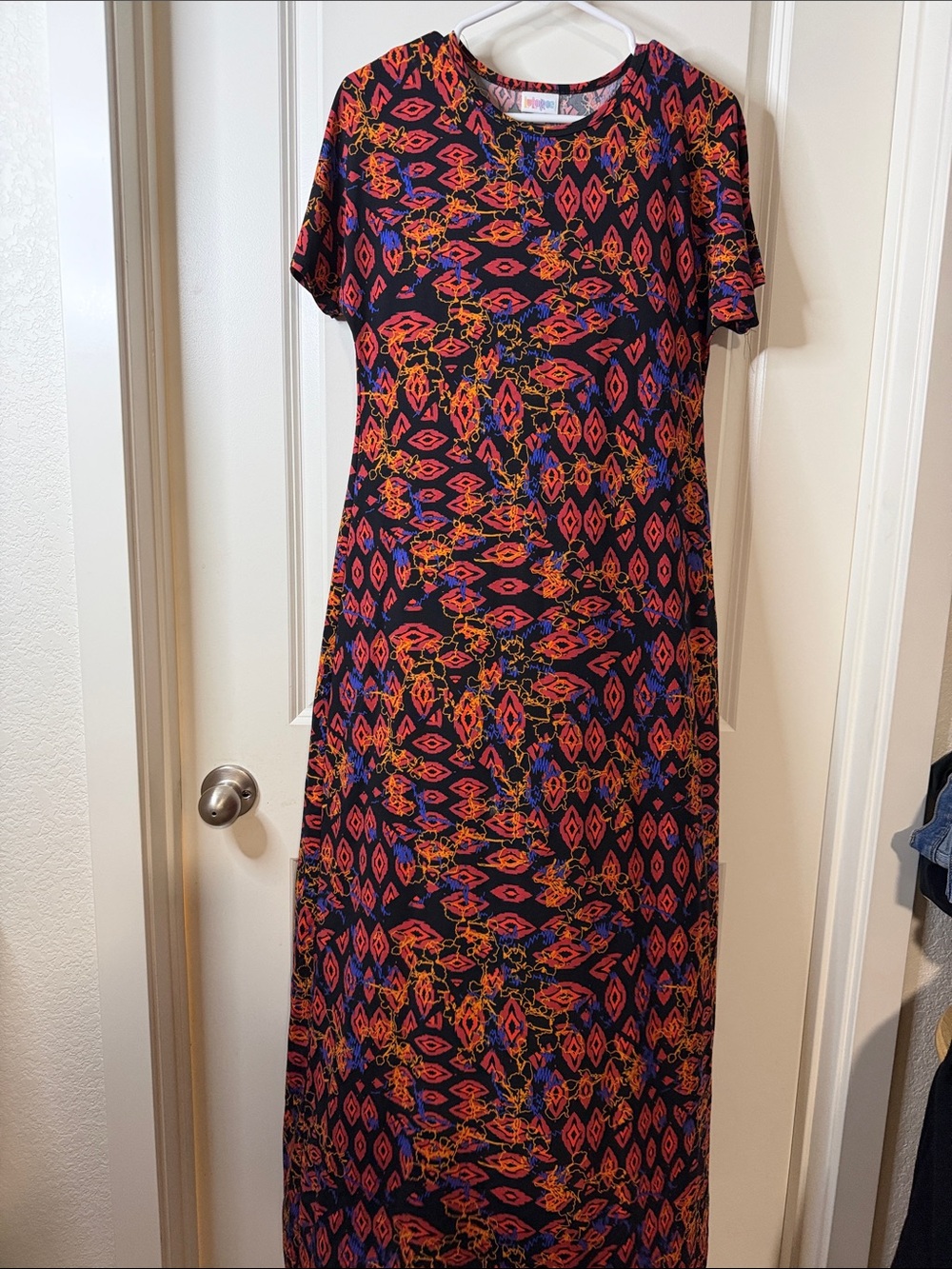 LuLaRoe Navy Maxi Dress with Red, Orange & Blue Tribal Print